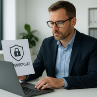 Externer Datenschutzbeauftragter prüft digitale Datenschutzrichtlinien am Laptop in einem modernen Büro