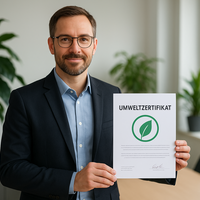 Nachhaltigkeitsbeauftragter hält ein Umweltzertifikat in einem modernen Büro mit grünen Pflanzen im Hintergrund